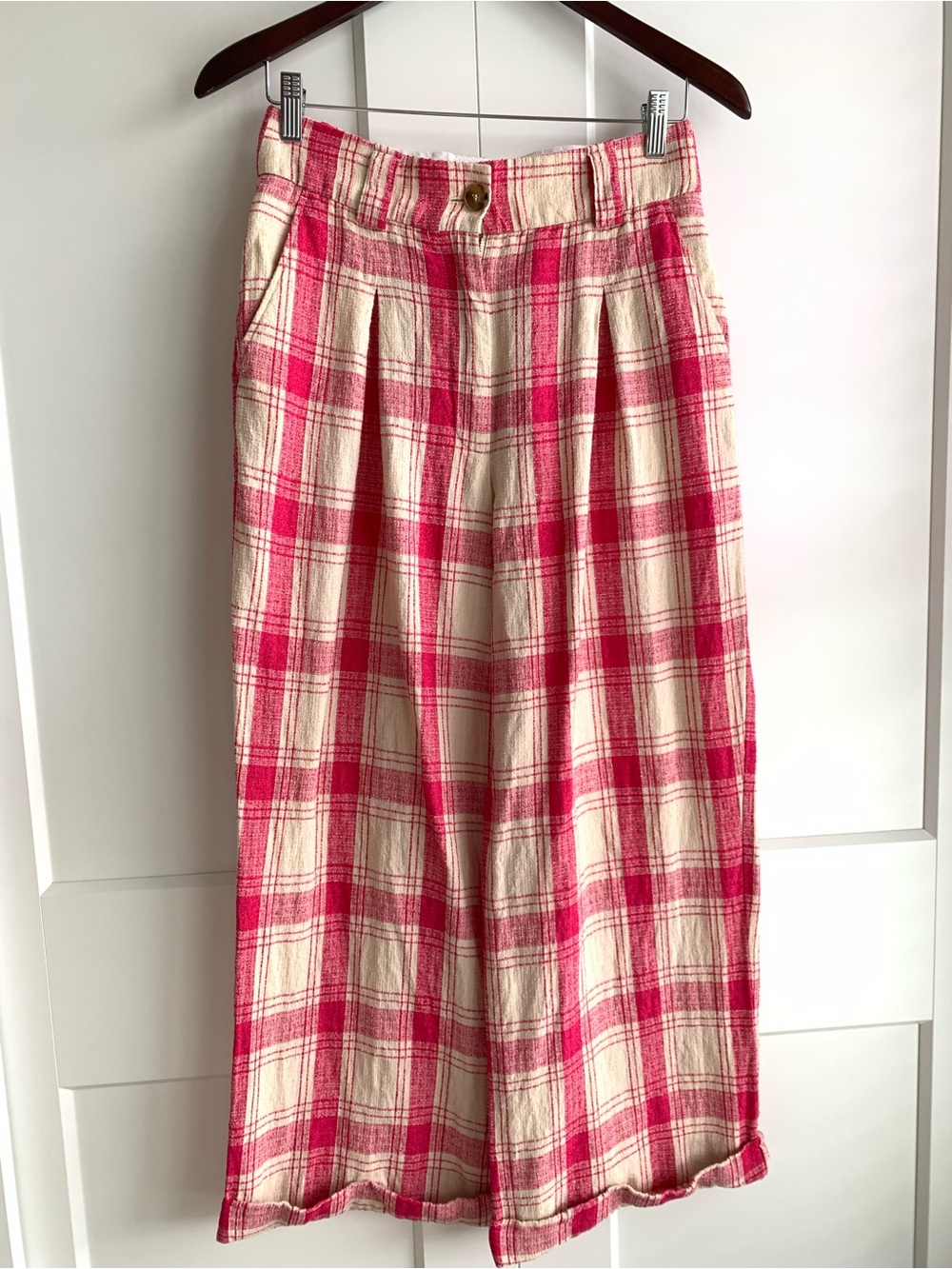 Sezane Trouser Plaid Wide-Leg Pants linen blended Pink rand Cream size 38
